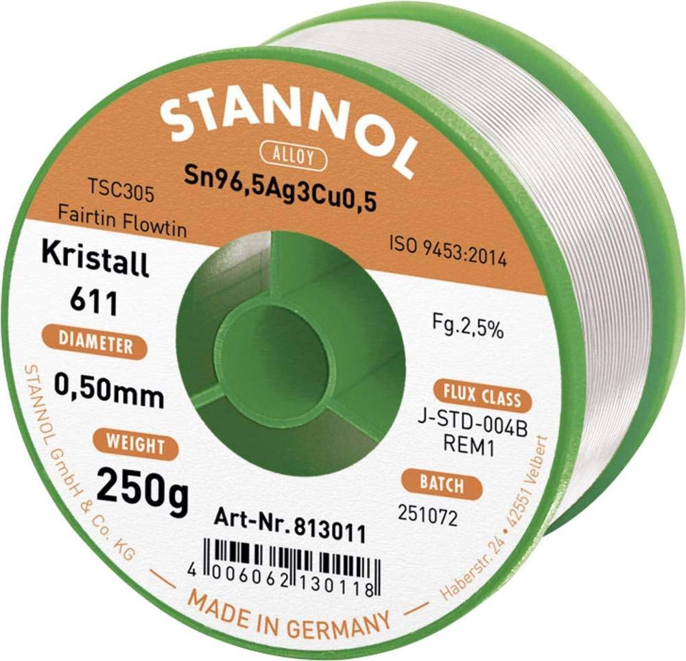 Stannol 813011 FLOWTIN TSC305 Fairtin Crystal 611 Soldering Wire, 0.5 mm Diameter, 250 g Spools