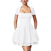 YMDUCH Women's Casual Square Neck Ruffle Hem Mini Dress Short Sleeve Short Party Dresses with Pockets