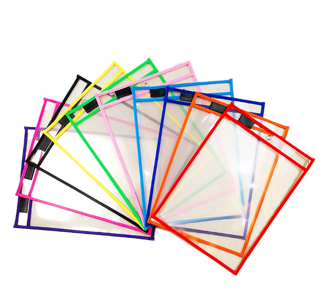 Hillento Set of 10 Dry Erase Pocket, Oversize 10" x 14" Multicolored Dry Erase Sleeves, Reusable and Clear Sheet Protectors, Ideal to use at School or at Work, Style B, with Black Pen Case