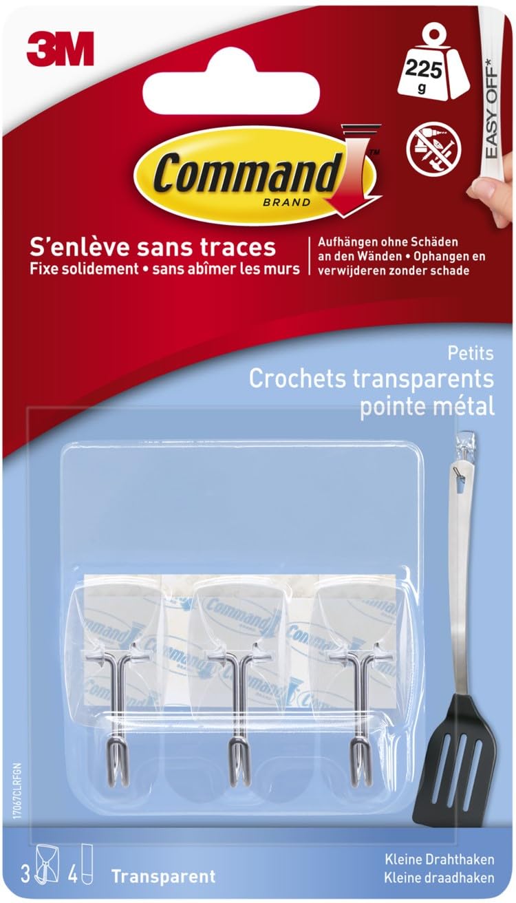 Command 17067CLR Mini Plastic Hooks 230 g Pack of 3 + 4 Strips Transparent
