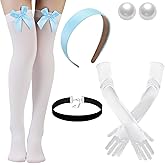 Preboun Princess Costume Accessories for Women, Includes Blue Headband Black Velvet Choker Pearl Earrings White Gloves Satin Blue Bow Thigh High Socks Set for Halloween Cosplay Birthday Princess