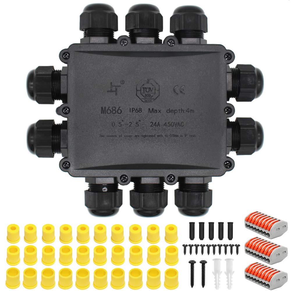 IP68 Waterproof Junction Box, HUYU 10-Way Outdoor Cable Connectors with M25 Glands Electrical Junction Box for Ø 4-14mm - H10