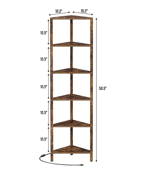 TUTOTAK CORNER SHELF WITH LED LIGHT, 6-TIER CORNER BOOKSHELF FOR SMALL SPACE, NARROW DISPLAY CORNER SHELF STAND WITH STORAGE RACK, FOR LIVING ROOM, BEDROOM, BROWN BS05BC006L