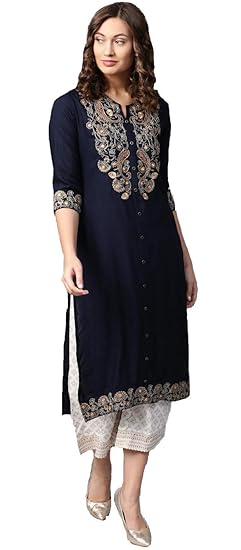 Women's Rayon Embroidery Kurti with Palazzos (Blue&White)