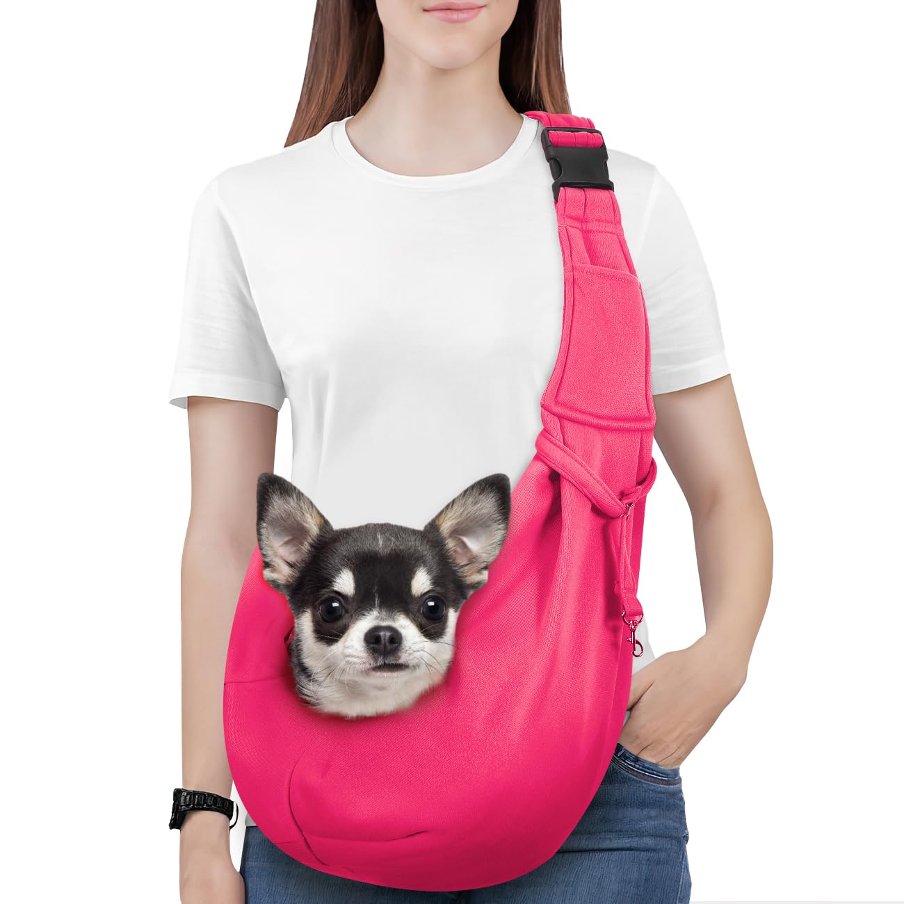 Pawaboo Small Dog Sling Carrier, Reversible Hands Free Dog Sling Carrier for Small Dogs Cats, Puppy Slings Carriers with Adjustable Strap Buckle & Safety Harness, Puppy Essentials, Magenta
