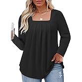 Womens-Plus-Size-Tops Dressy Pleated Square Neck Shirts Trendy Cute Long Sleeve Blouses Casual Loose Fit Tunics XL-5XL
