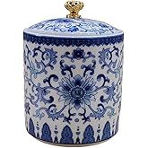 wsmart Small Vintage Blue and White Porcelain Salt Cellar with Lid Ceramic Salt Holder Container for Countertop, Airtight Spice Jar, Kitchen Storage Dish