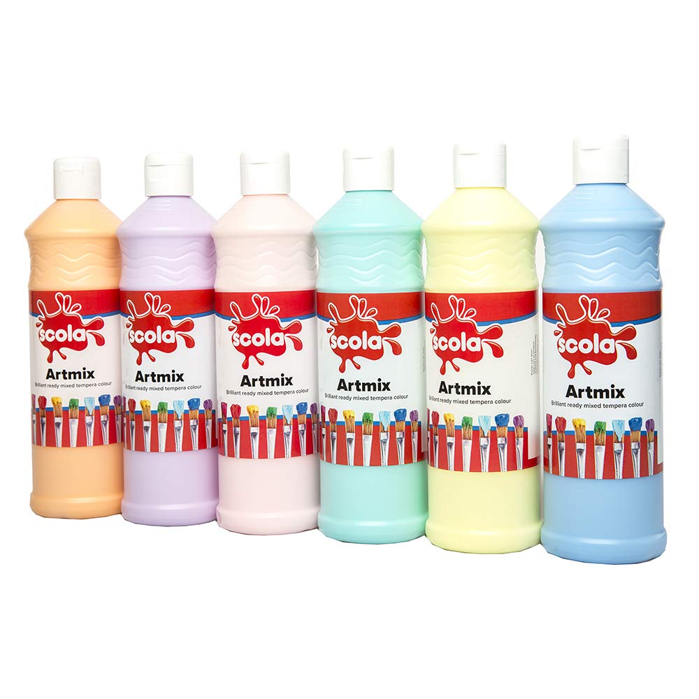 Scola Readymix Water Based Tempera Paint, 6 Pastel Colours, 600ml Bottles, Safe Non-Toxic Poster Paints, Craft Projects, Suitable for 3+