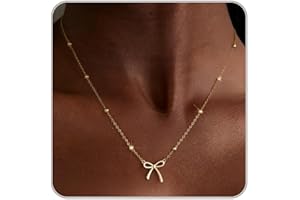 Thaivor Gold Necklace for Women Dainty Bow Necklace 14K Gold Plated Cute Choker Necklace Small Bow Pendant Charm Necklaces Te