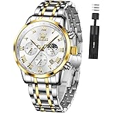 OLEVS Mens Watches Luxury Big Face Waterproof Stainless Steel Analog Quartz Multifunctional Luminous Date Two Tone Fashion Dress Wrist Watches for Man