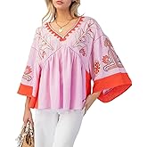 Aisongyuan Womens Floral Printed Blouse V-Neck 3/4 Sleeves Loose Fit Vintage Babydoll Tops