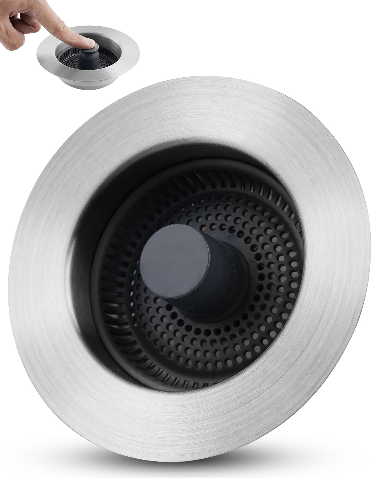 thumbnail image 2 of Hibbent 3-in-1 Kitchen Sink Drain Strainer & Stopper Combo – 2 Pack – Chrome, Fits 3.5” Standard Drain 2 of 4