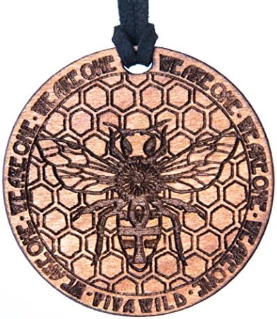 Power Honey Bee Spirit Animal Wooden Medallion Vegan Necklace with Egyptian Anhk Moon phases and affirmations for Empowerment