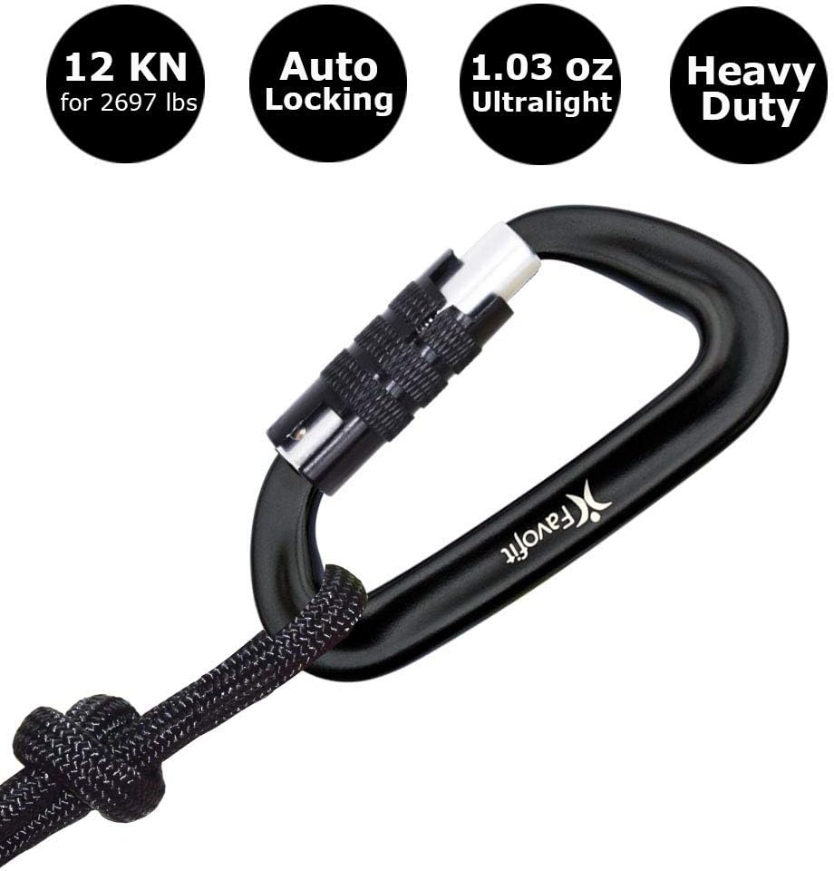 Favofit Auto Locking Carabiner Clips, 4 Pack, 12KN (2697 lbs) Heavy Duty Caribeaners for Camping, Hiking, Outdoor & Gym etc, Twistlock Carabiners for Dog Leash & Harness, Black : Sports & Outdoors