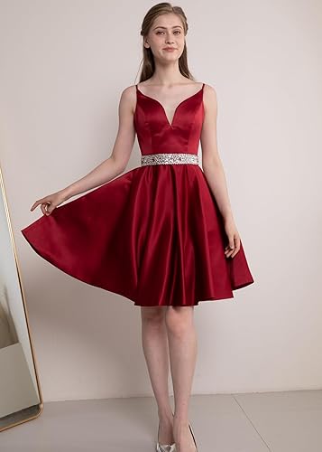 slim fit dress slacks Red Satin Homecoming Dress with Rhinestone Bow – H1115 – Viniodress
