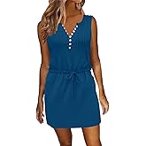 ETCYY Womens Summer Casual Dresses Sleeveless Beach Vacation Sundresses Drawstring Waist Short Striped Dress with Pockets