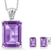 925 Sterling Silver Purple Amethyst and White Diamond Pendant and Earrings Jewelry Set For Women (16.07 Cttw, Gemstone February Birthstone, Emerald Cut 18X13MM and 6X4MM, with 18 Inch Chain)