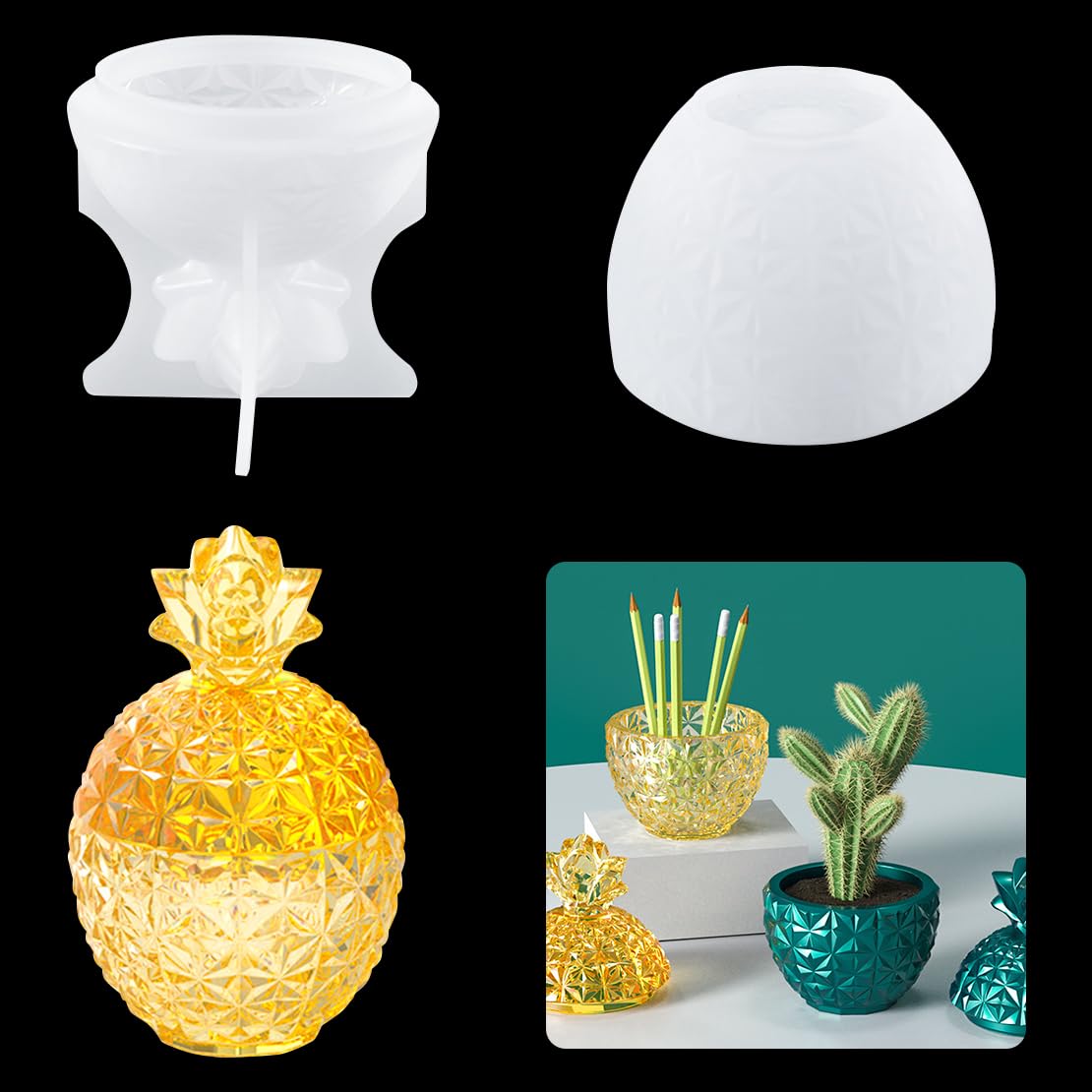 DeryArcle Jar Resin Mould with Lid, Jewelry Storage Box Silicone Moulds, Pineapple Trinket Container Epoxy Casting Mold for Make Up Brush, Candy Organizer, Home Decorations (Pineapple Jar Mould)