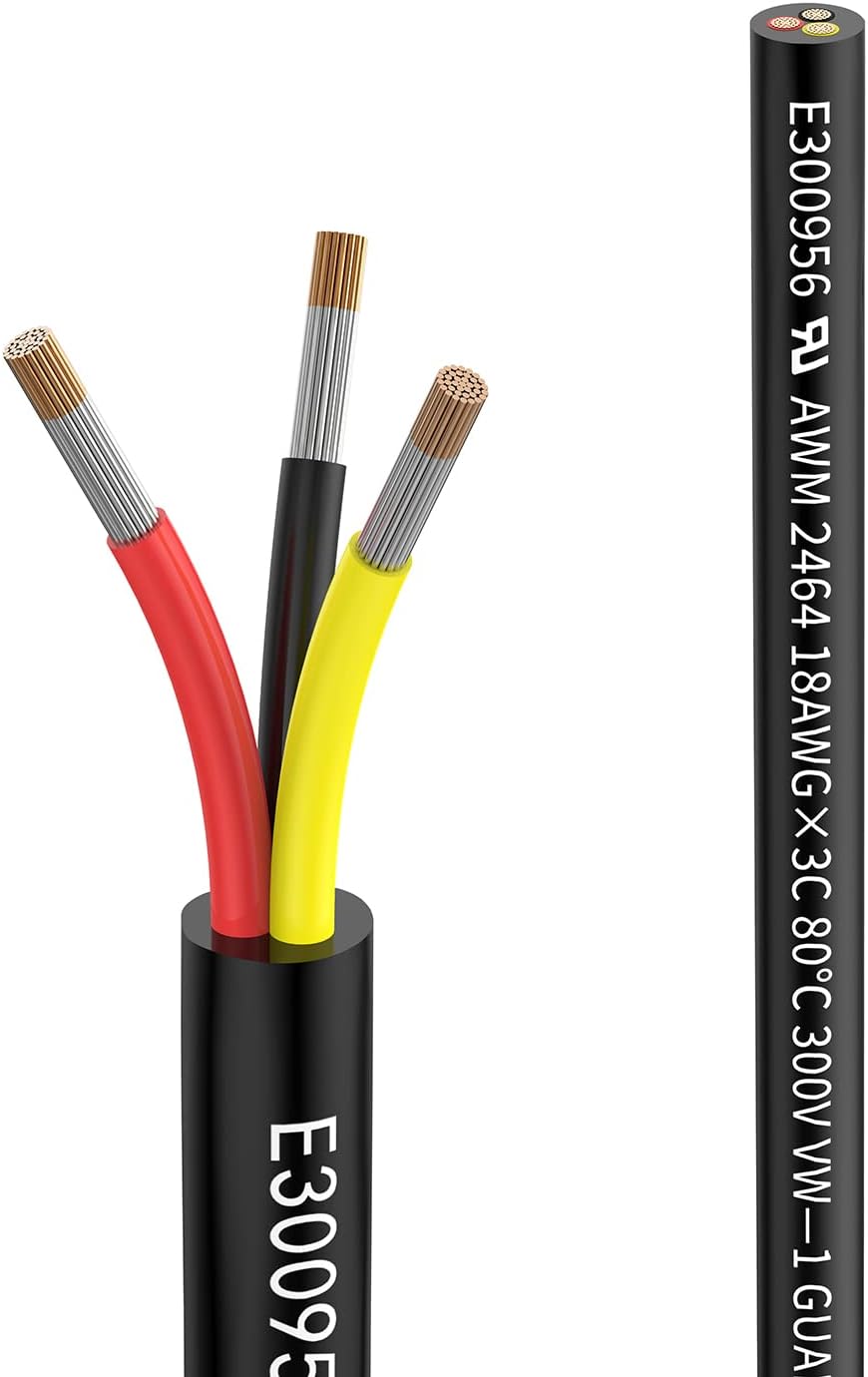 Matugajp 18AWG 3 Core 0.75mm2 20M Extension Cable UL2464 VW-1 FT1