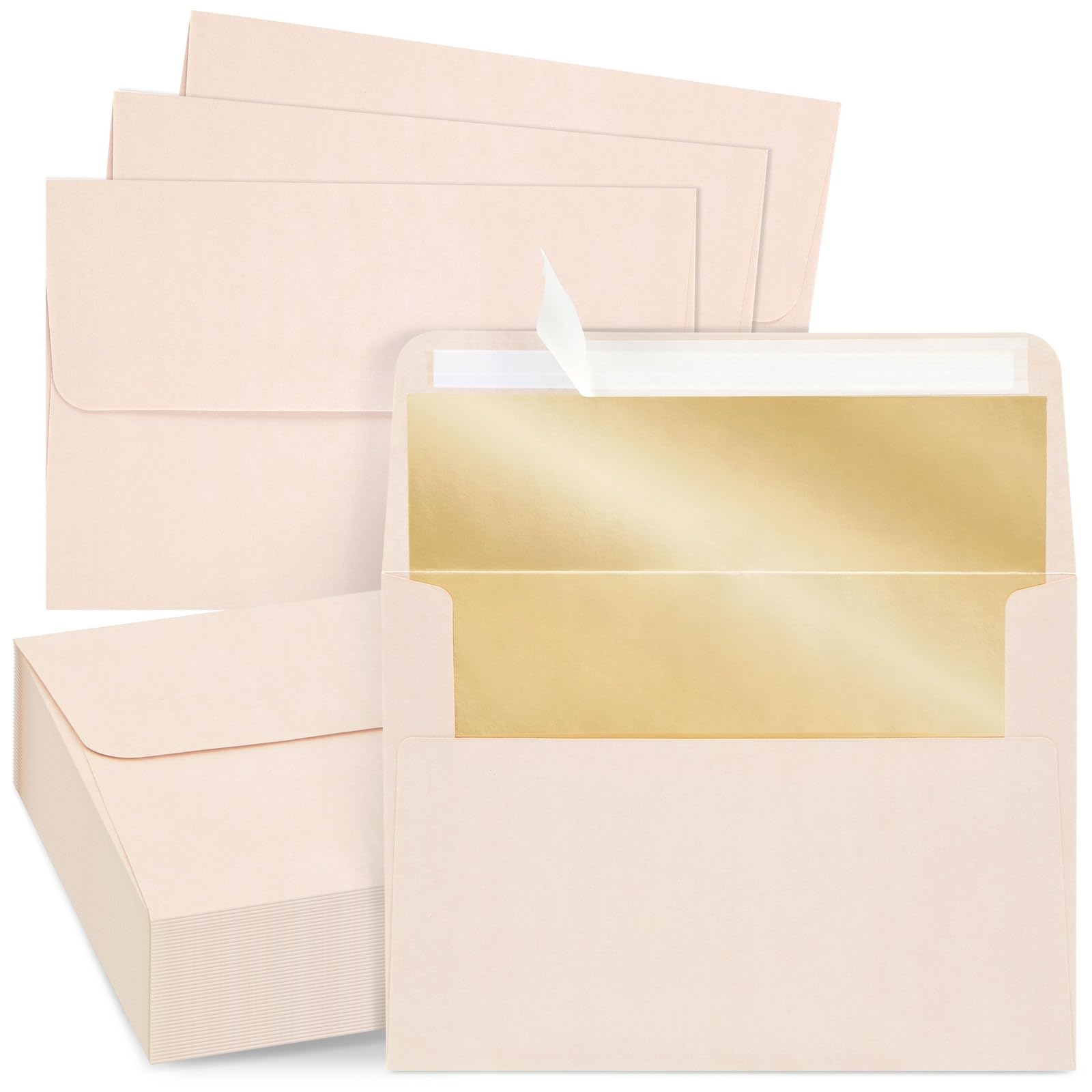 50 Pack Champagne 13 x 18 cm Envelopes for Invitations, Wedding, A7 Size with Bronze Lining and Self Adhesive Peel and Stick