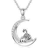 LWXIE Diamond Cat Necklace for Women 925 Sterling Sliver Cat Moon Pendant Necklace with Lab Grown Diamonds Cute Animals Jewelry Gifts for Cats Lovers