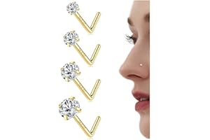Finrezio 14K Gold Filled Nose Studs 316L Surgical Steel Gold Nose Rings Studs 6A CZ Simulated Diamond Corkscrew L Shaped Nose