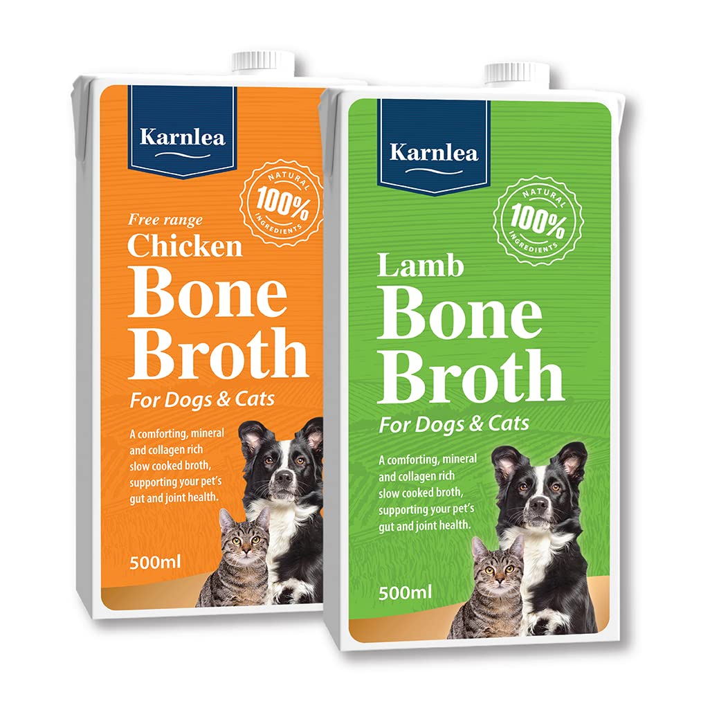 Karnlea Pets Real Bone Broth - 1x Chicken, 1x Lamb | 100% Real & Natural Bone Broth for Cats & Dogs | High Collagen & Protein for Healthy Joints, Gut, Digestion & Sickness Recovery | Upto 20 Servings