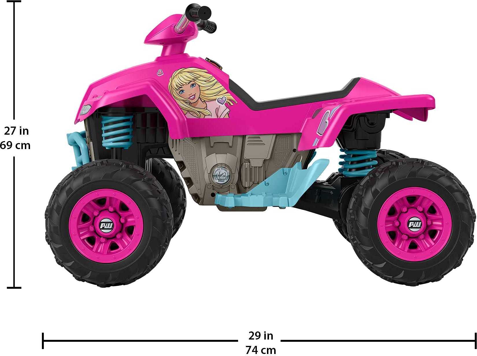 Power Wheels Barbie Pink Racing ATV, 12-V battery powered ride-on vehicle for preschool kids ages 3-7 years