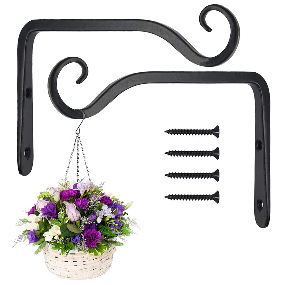 NETUME 2 Pack Black Wall Hanging Hooks - Hanging Brackets, Metal Wrought Iron Wall Hanging Basket Brackets, Hanging Basket Stand for Bird Feeders/Plants/Lanterns/Wind Chimes(with Screws)