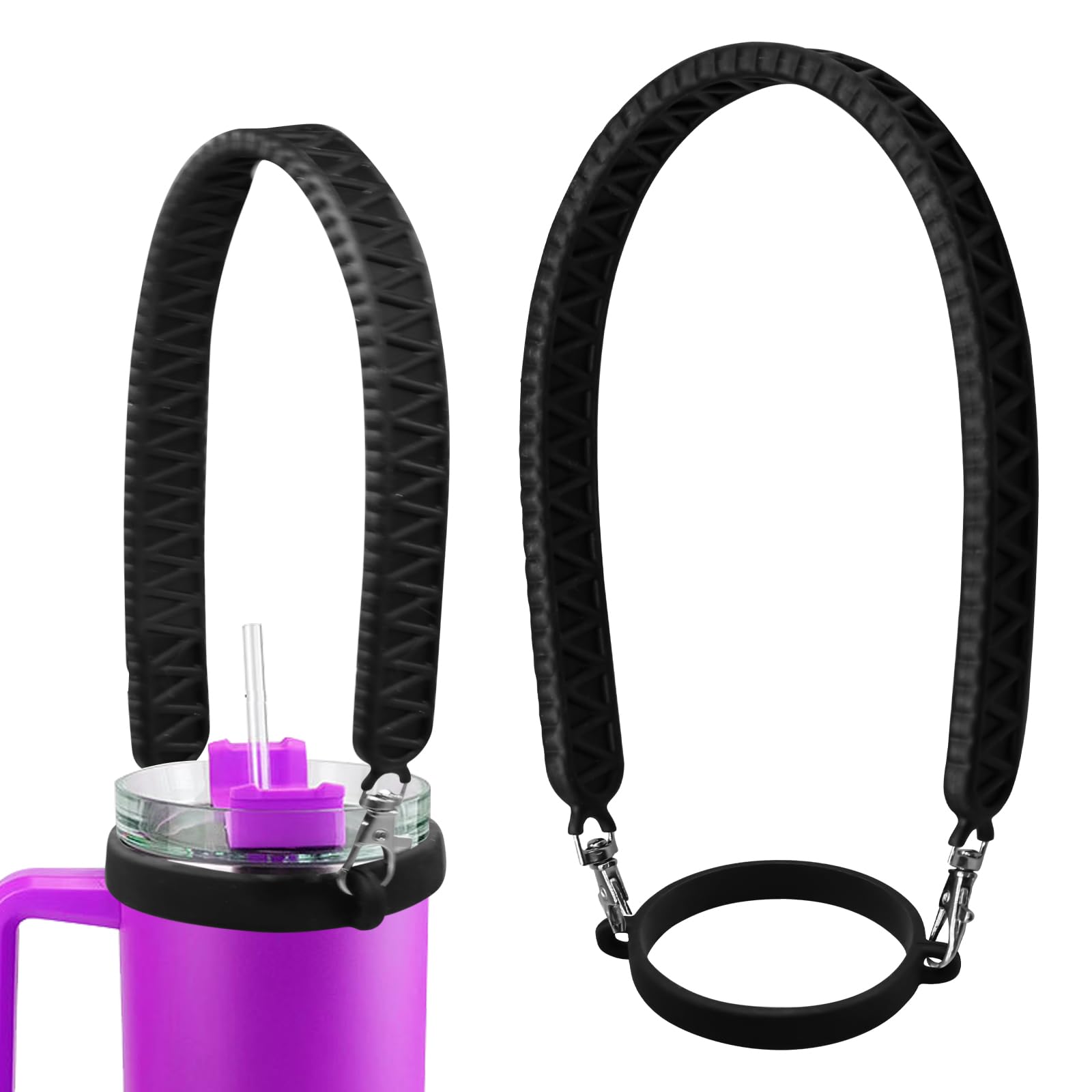 Water Bottle Holder with Strap, Water Bottle Handle Carrier, Silicone Sling Handle Strap Suitable for Most 8-40oz Compatible with Stanley Cup Accessories(Black)