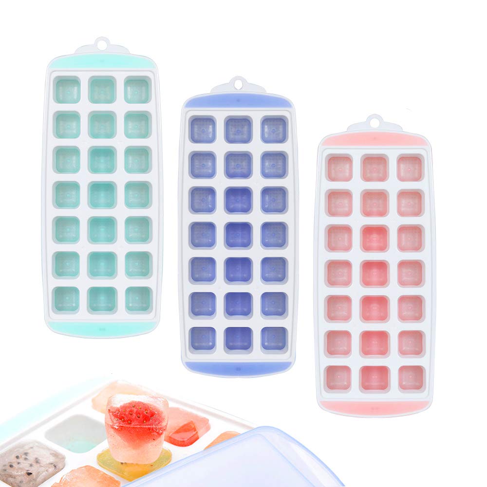 3 PACK Ice Cube Trays with Lids Easy-release Silicone Square Mold with Cover Baby Food BPA Free (1 inch Cube)