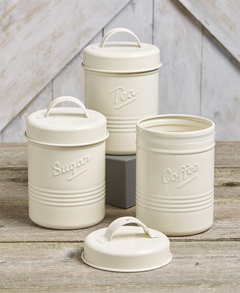 Vintage Set of 3 White Metal Kitchen Canisters. Made from Steel. Tea, Sugar, Coffee
