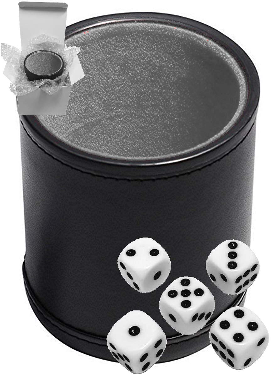 Set of 16mm Poker / Pip Dice Rounded Corners and Black PU Leather Dice Cup Plush Velvet Lined - Gift Boxed (Pip (Dot) Dice White, Black/Grey Cup)