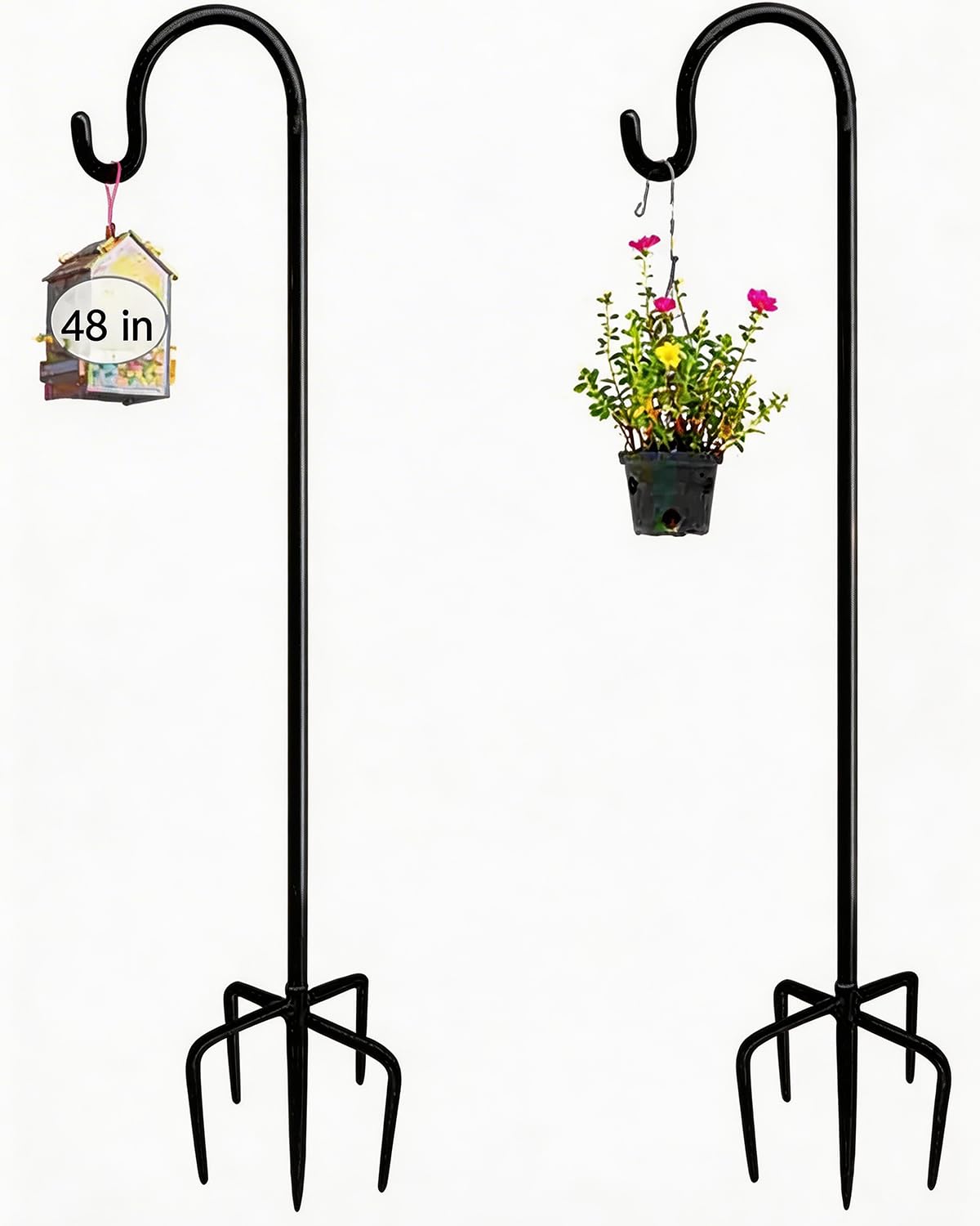 Shepherds Hooks, 2 Packs 48IN with 5 Prong Base Adjustable Metal Stake Stand Hangers Garden Heavy Duty Rust Resistant Hooks with Base, Shepherds Crook Hooks for Plant Baskets/Lanterns/Bird Feeders