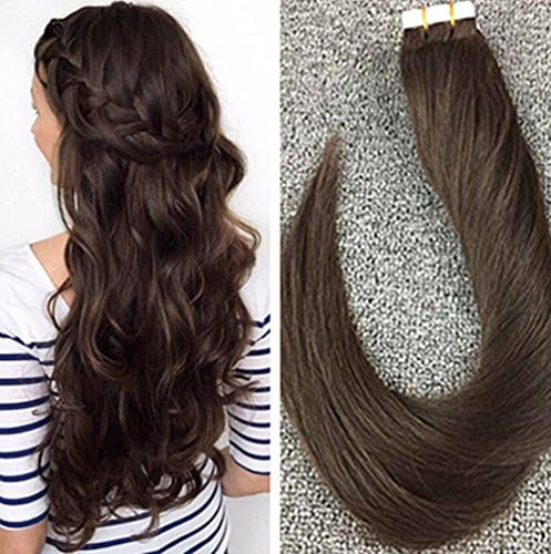 Komorebi 20 inch 20 Piececs Adhesive in Remy Hair #2 Darkerst Brwon Straight Human Hair Tape in Human Hair Extensions Seamless PU Skin Weft Hair Extensions