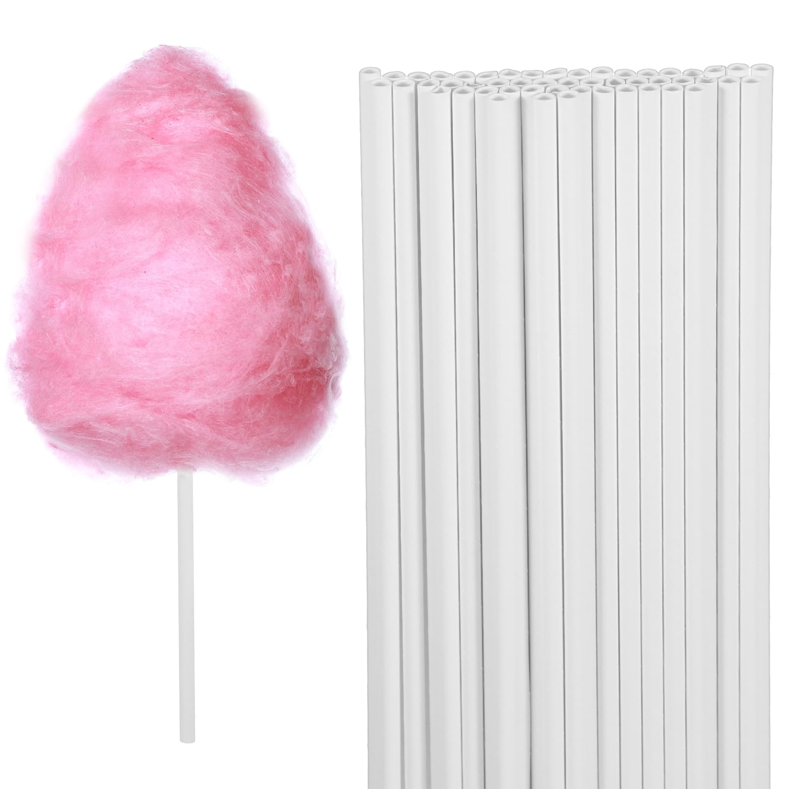 Photo 1 of 50 PCS Cotton Candy Sticks, 13.78 Inch Cotton Candy Sticks White Cotton Candy Holder Solid Color Simple Paper Straws Cones for Birthday Wedding Party, Candy Making