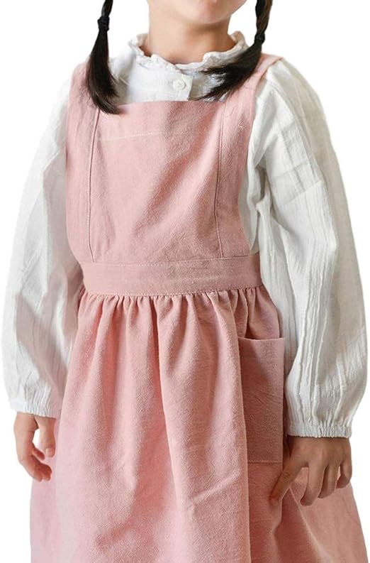 Amazon Saniqueen G エプロン 子供用 ワンピース 麻 無地 シンプル H型 S M ピンク S エプロン オンライン通販