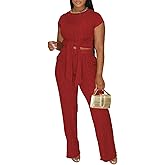 HBQ Women's Summer 2 Piece Outfits Lounge Sets Short Sleeve Belted Crop Tops Wide Leg Pant Sets Casual Tracksuit