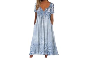 cllios Women Casual Short Sleeve Dress V Neck Button Down Dress Beach Summer Dresses A Line Midi Dress with Pockets Sun Dress