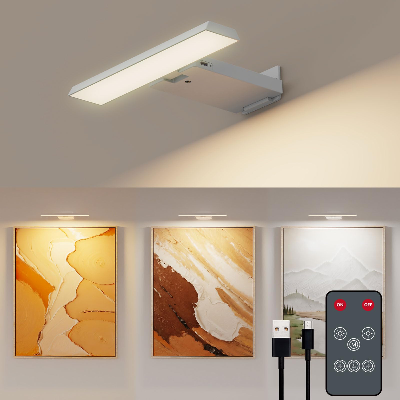 Photo 1 of Odupa Picture Lights, Battery Operated with Remote, 6000mAh Rechargeable Battery, Dimmable, 3 Color Temperatures, Art Lights for Painting, Frame, Gallery, Dartboard, White