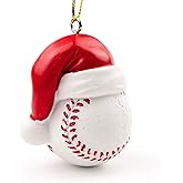 Needzo Resin Baseball Ornament with Red Santa Hat, Hanging Christmas Tree Sports Ball, Gold String, 2.5 Inches
