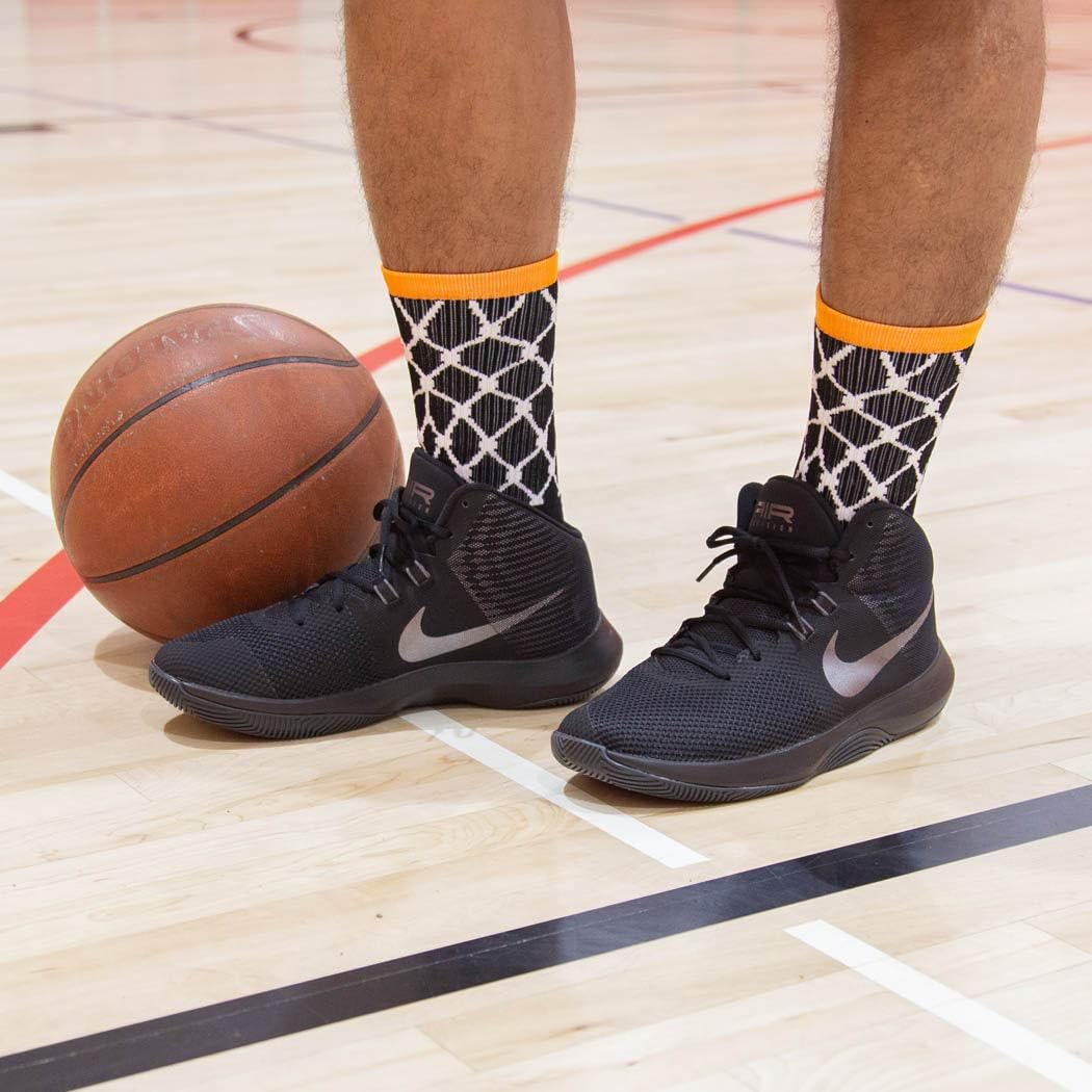 Basketball Woven Mid-Calf Socks | Hoop and Ball | Black & Orange: Clothing