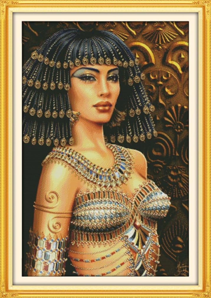 YEESAM ART Unstamped Cross Stitch Kits for Adults, Cleopatra Ancient Egyptian Queen 14ct Counted Unprinted Embroidery Kit Needlework Wall Art Decor