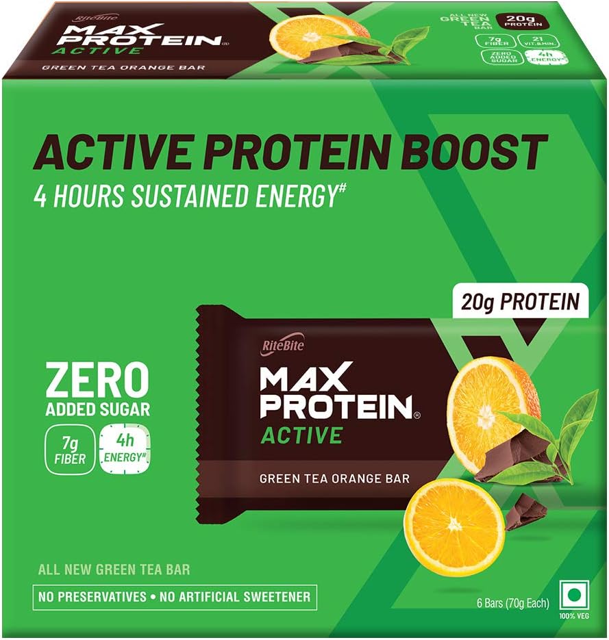 RiteBite Max Protein Active Green Tea Orange Bars 420g Pack of 6 (70g x 6)