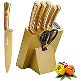 Gold Kitchen Knife Set,8-Piece Titanium Coated Dishwasher Safe Gold Knife Block Sets,Wooden Block with Built-In Sharpener Chef Knife Set