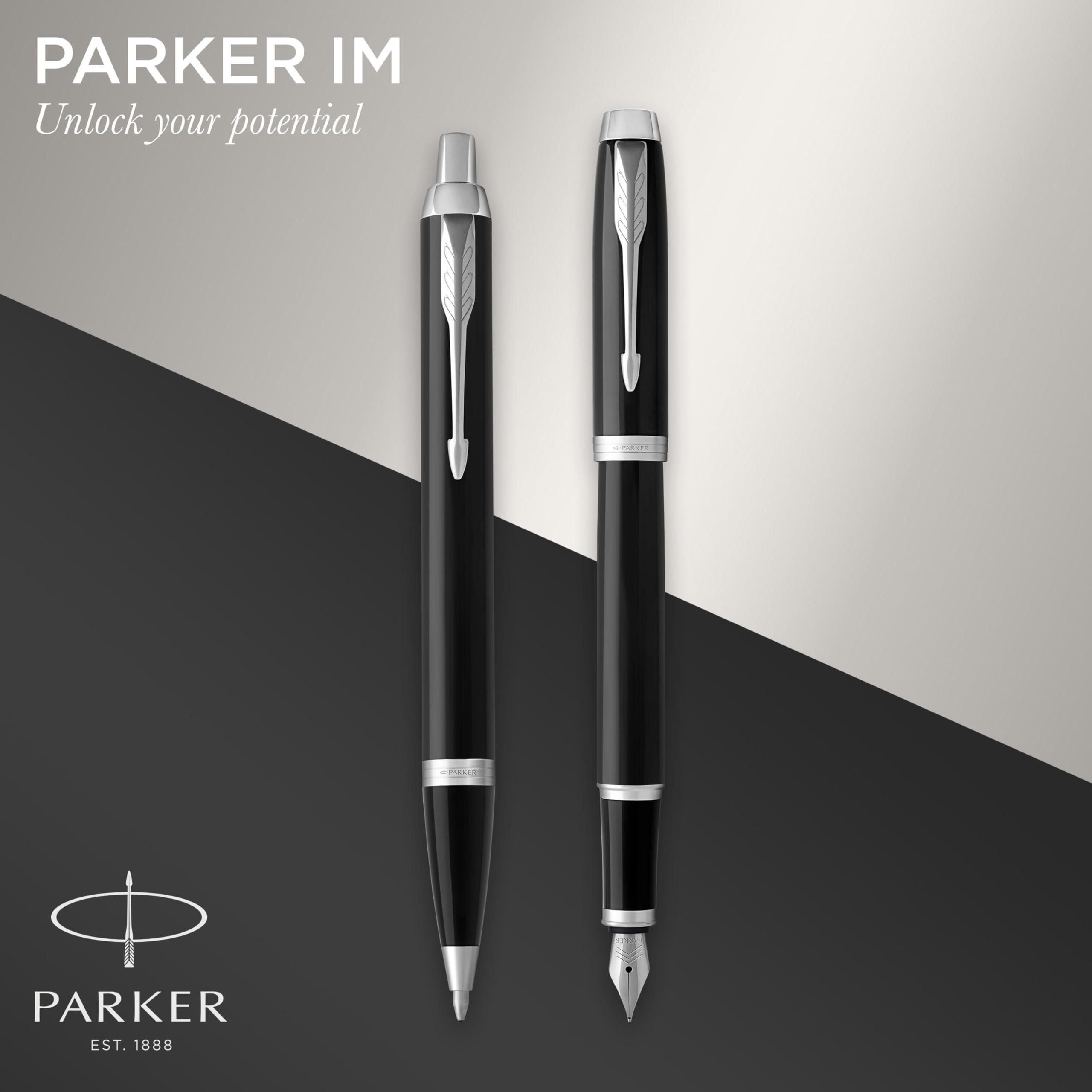 Parker IM Duo Stift-Geschenkset | Füller, Kugelschreiber & Etui | Schwarze Lackierung mit Chromverzierungen | Mittlere Spitze | Blaue Tinte | Perfekte Geschenke zum Schulabschluss 2