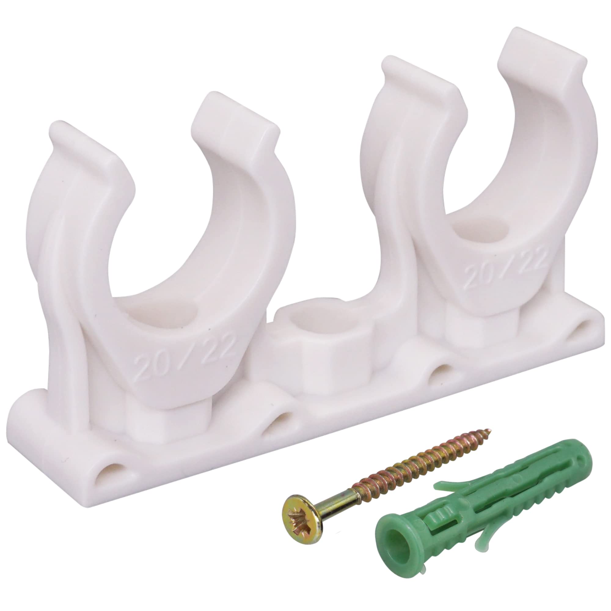 SKIR'CO (20 pcs) Double Pipe Clips, Plastic Clamps for 20-22 mm Pipes, U Type Pipe Clamp, Tubing White Clips, Hose Hangers
