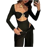 WDIRARA Women's Cut Out Metal Long Sleeve Bodysuits Sexy Going Out Leotard Tops
