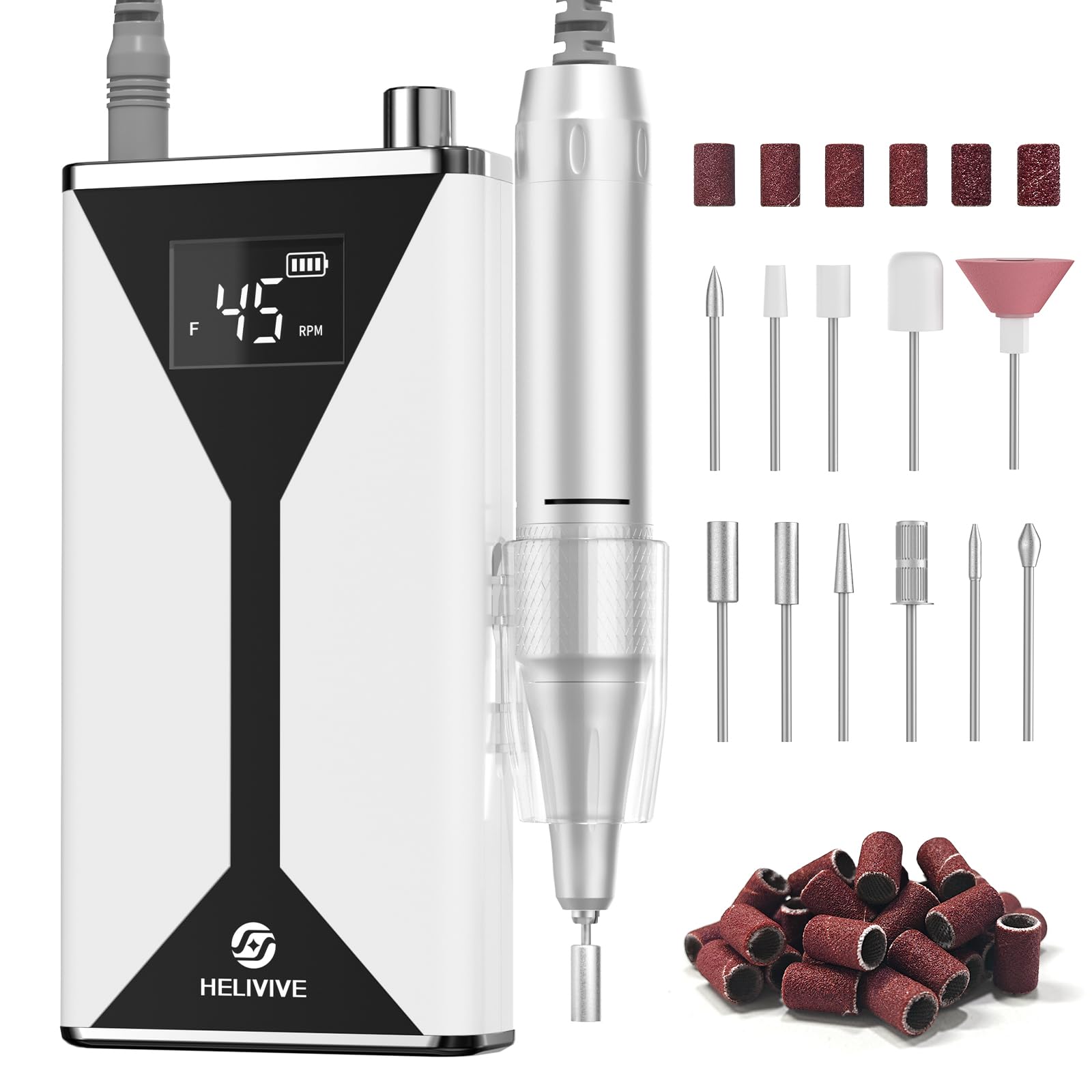 Photo 1 of HELIVIVE Professional Electric Nail Drill 45000RPM (Portable & Rechargeable) (with 11 Drill Bits ) Cordless Nail File Machine for Shaping, Polishing & Removing Gel Nails for Salon Home (White)