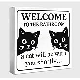 WXHUM Funny Black Cat Bathroom Decor and Accessories Wood Box Sign, Cute Cats Black and White Decor for Bathroom Signs, Bath Decoration, Welcome To The Bathroom A Cat Will Be With, 5x5 inch